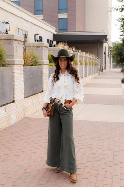 Retro Style Wide Leg Pants - Olive