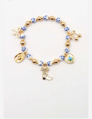Western Charm with Blue Ceramic Beaded Stretch Bracelet