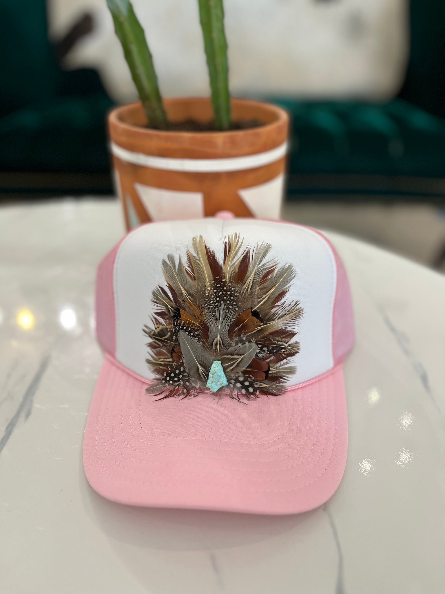 Baby Pink/White Feather Trucker Hat