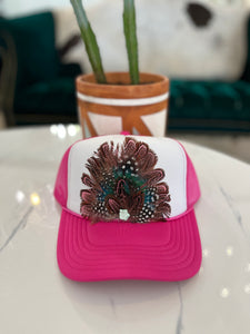 Hot Pink/White Feather Trucker