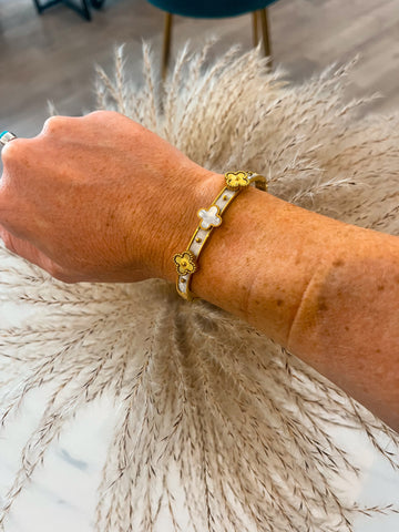 Gold and Pearl Clover Hinged Bangle
