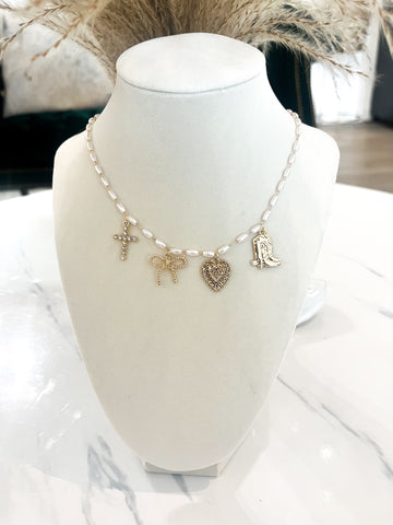 Gold Pearl with Boot, Heart, Bow, Cross Charm Necklace