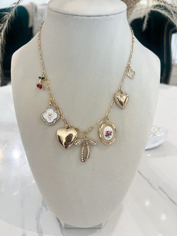 Gold Bow, Hearts, Clover, Cherry Charm Necklace