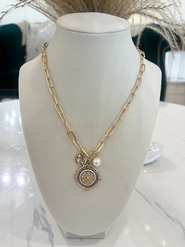 Gold Coin Necklace with Pearl and Charm