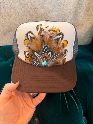Brown/Cream Feather Trucker Hat
