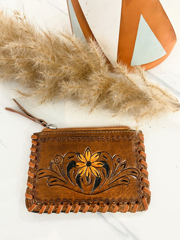 Tooled Leather and Hide Coin Pouch